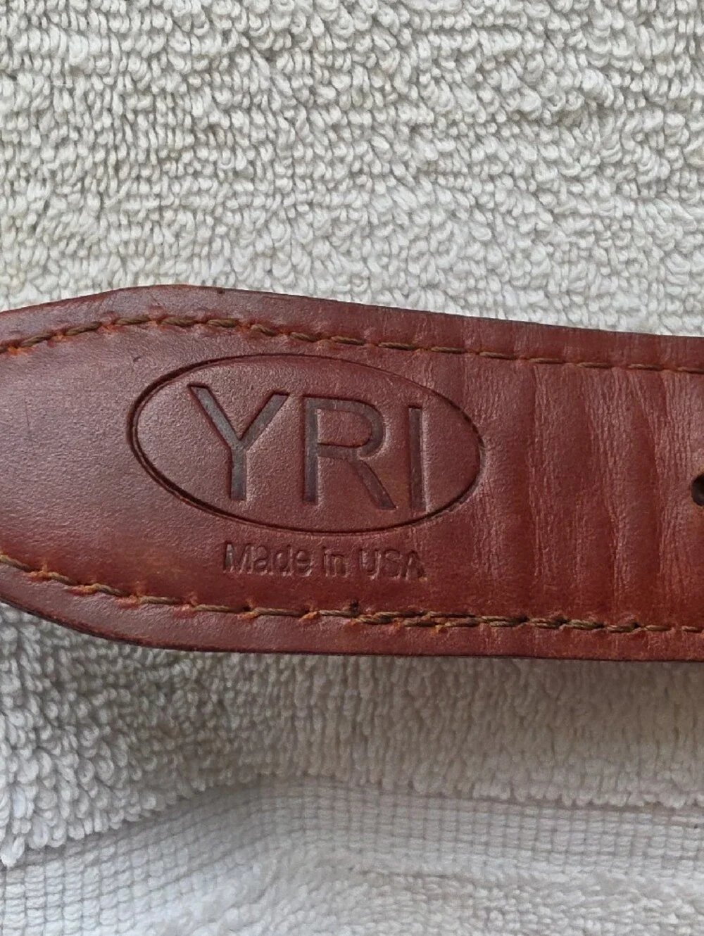 YRI Brown Leather Belt — Embossed USA Made Logo Navy And White Gingham Size 42